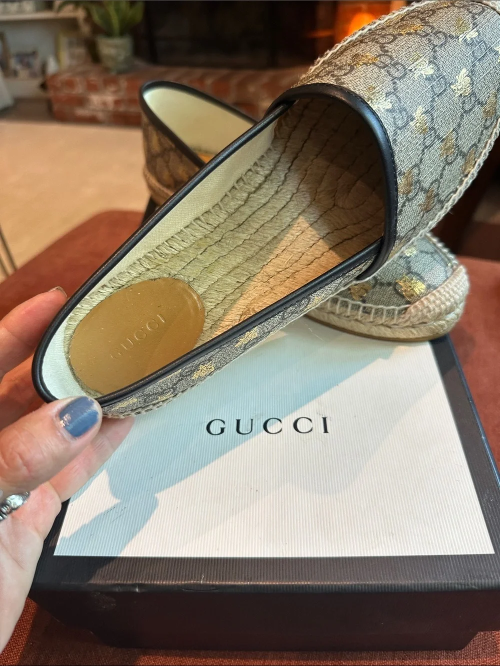Gucci Beige GG Canvas Espadrilles with Gold Bee Motif